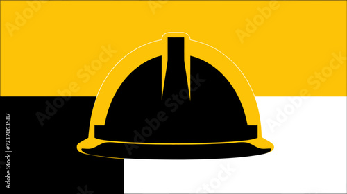 A construction helmet icon, black with yellow and white, is set against layered yellow, black, and white