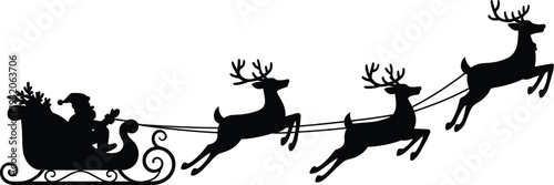 Santa Claus sleigh silhouette with flying reindeer, Christmas holiday illustration, festive winter scene, gift delivery folklore, seasonal vector art design