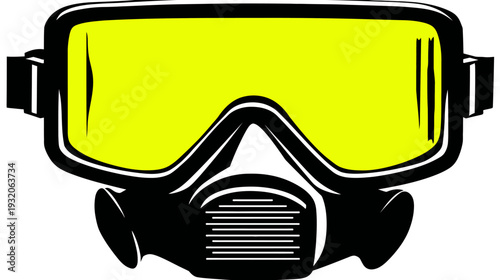 A stylized illustration of a gas mask or respirator with yellow lenses