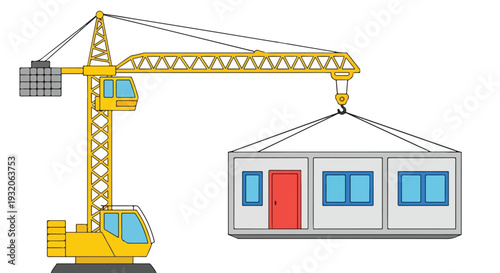 A yellow tower crane is depicted in a vector illustration, lifting a grey modular building unit with a red door and blue windows against a white background.