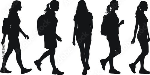 Walking people silhouettes with backpacks, casual clothing, mid‑stride motion illustration, student travelers, human posture study, urban lifestyle vector art