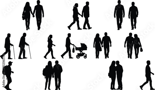 Silhouettes of diverse people walking, standing, couples holding hands, stroller pushing, cane walking, carrying bags, vector illustration, human interaction design