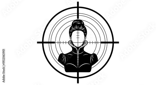 Stylized black and white illustration of a woman within a crosshair target