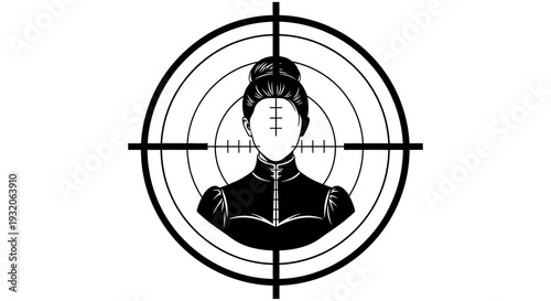 A woman s portrait framed within a crosshair target depicted in black and white