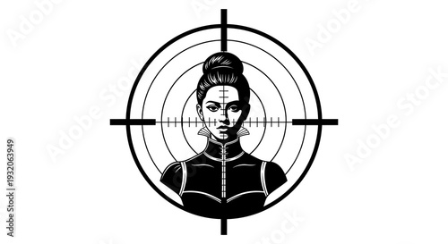 A stylized portrait of a woman within a crosshair target design