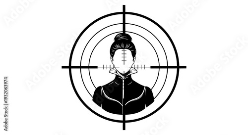 Black and white graphic of a woman s face centered within a crosshair target