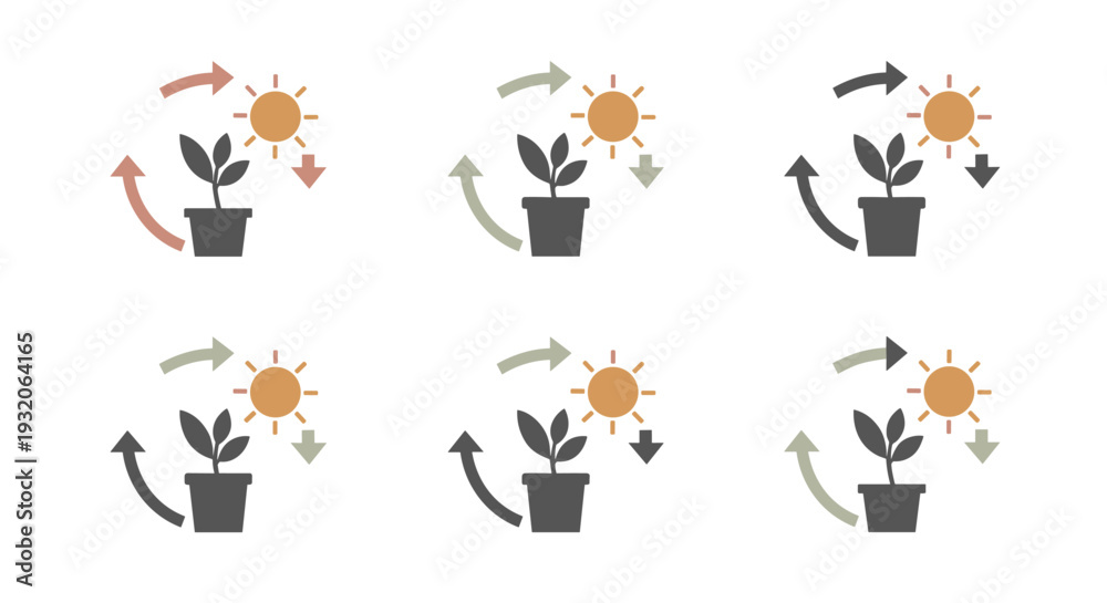 Obraz premium Potted plant sun cycle icon set illustration depicting the continuous exchange of energy vital for plant life and environmental balance.