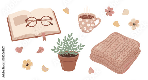 Relaxing cozy elements for a comfortable home setting, featuring an open book, steaming mug, potted plant, and soft knitted blanket.