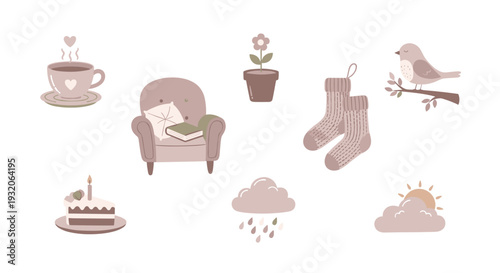 Cozy elements and comfort items are beautifully illustrated in a soft pastel color palette, evoking a sense of warmth and relaxation.