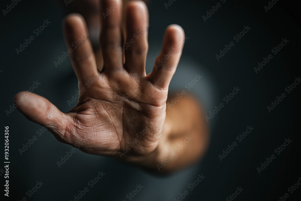 Obraz premium A human hand makes a firm and clear stop gesture.