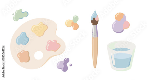 Art supplies collection featuring a painter's palette, brush, and water glass, alongside colorful paint blobs, perfect for creative projects and artistic expression.