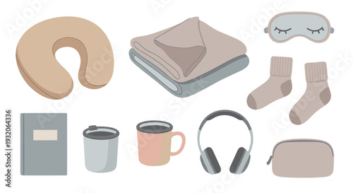 Travel comfort relaxation items set featuring a neck pillow, blanket, sleep mask, and other cozy essentials for a peaceful journey or relaxing at home.