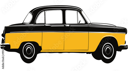 A stylized vector illustration of a classic, two-tone sedan viewed from the side