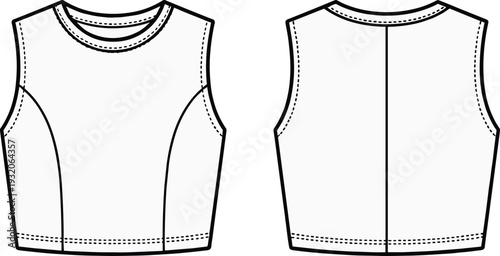 Technical flat sketch of sleeveless crop top front and back views, fashion garment illustration with princess seams, apparel construction drawing for clothing design and pattern making.
