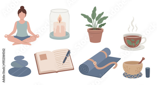 Collection of meditation, yoga, and wellness objects for promoting inner peace, relaxation, and a balanced lifestyle through mindful self-care practices.