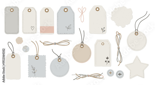 Gift tags and labels collection featuring various shapes, sizes, and decorative elements, ideal for handmade crafts, pricing, or special occasion gifts.