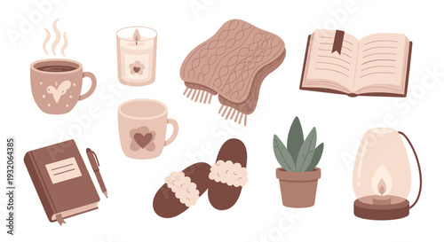 Cozy home essentials collection for comfortable living and relaxation, featuring warm drinks, soft blankets, and ambient light for a serene atmosphere.