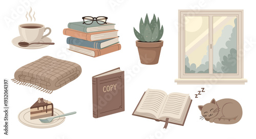 Cozy home items collection features a warm cup of coffee, stacked books, a sleeping cat, and a comfortable blanket, perfect for a relaxing day indoors.
