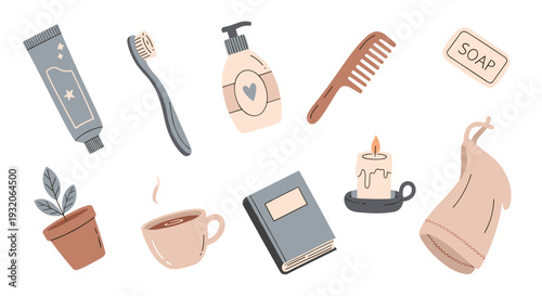 Various personal care and relaxation items are neatly arranged in a charming, minimalist illustration style, perfect for wellness and daily routine concepts.