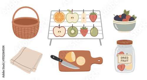 Various fruits and kitchen items for drying and preparing healthy snacks, including a basket, drying rack, and jar, in a charming flat design illustration.