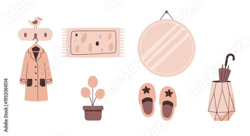 Cozy home entryway elements illustration set featuring a coat rack, mirror, rug, plant, slippers, and umbrella in a soft, minimalist style.