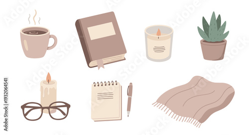 Hygge lifestyle objects for a cozy and calm atmosphere, including a steaming mug, book, candles, plant, and blanket, perfect for relaxation.