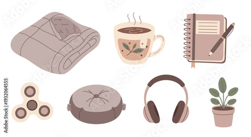Delightful assortment of cozy comfort items, including a soft blanket, steaming mug, and a journal, perfect for relaxation and mindfulness.