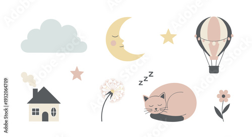 Cute whimsical nursery vector illustrations set with various adorable elements like a sleeping cat, crescent moon, hot air balloon, house, cloud, stars, dandelion, and flower.