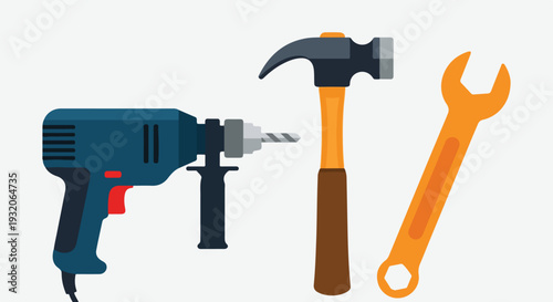 A clean vector illustration showcases a blue electric drill, a black and orange claw hammer, and an orange adjustable wrench on a light grey background.
