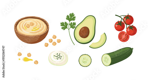 Fresh healthy ingredients for cooking and snacking including hummus, avocado, tomatoes, and cucumber in a vibrant flat lay illustration.