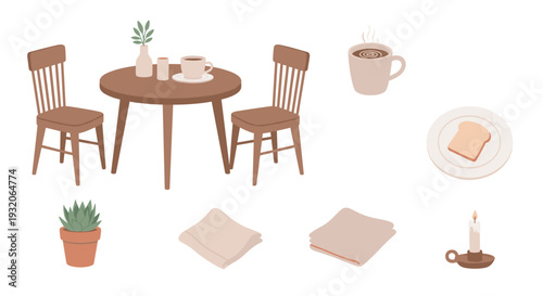Various minimalist household and breakfast items are presented as a versatile set of vector illustrations perfect for digital and print media.
