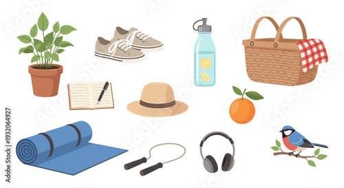 Various objects for leisure, outdoor activities, and relaxation, featuring a potted plant, sneakers, water bottle, and picnic basket.