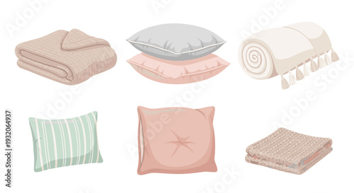 Various cozy blankets and pillows for comfortable home living, featuring a collection of soft textiles and decorative cushions in different styles and colors.