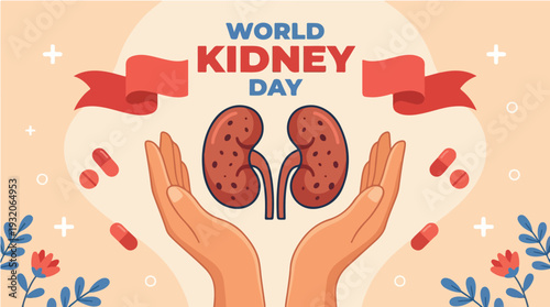 Illustration of hands cradling kidneys with pills and flowers on World Kidney Day against a peach background with ribbons