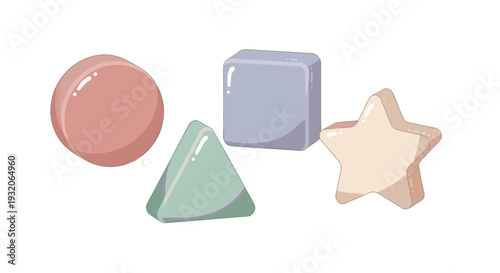 Four colorful geometric shapes with a glossy finish and soft pastel colors, including a sphere, triangle, cube, and star, arranged in a playful illustration.