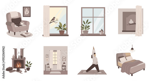 Cozy home interior elements and daily life activities are depicted through a collection of flat design illustrations showing comfort and relaxation.