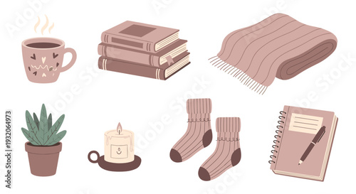 Comforting hygge lifestyle elements are beautifully illustrated, including a warm beverage, stacked books, a cozy blanket, and soft socks.