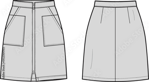 Technical flat sketch of high-waisted A-line skirt front and back views, fashion garment illustration with zipper, patch pockets, waistband, darts, apparel construction drawing for clothing design.