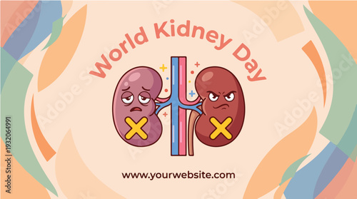A World Kidney Day illustration featuring two cartoon kidneys with sad faces and yellow X marks on a colorful abstract background