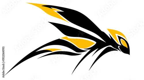 Stylized black and yellow insect graphic on white background. Abstract insect design
