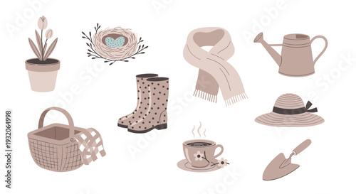 Delightful collection of spring and garden items, including flowers, a bird's nest, rain boots, and gardening tools, perfect for seasonal themes.