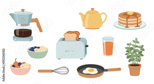 Various breakfast items and kitchen tools are neatly arranged, showcasing a delightful spread for a morning meal in a charming flat vector illustration.