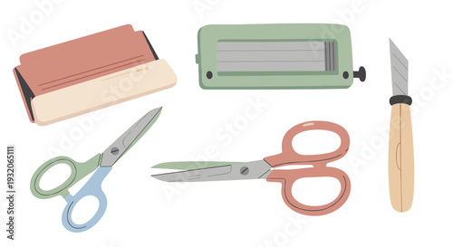Crafting and office supplies collection featuring various tools like scissors, a paper cutter, a shredder, and a utility knife, essential for creative projects and daily tasks.