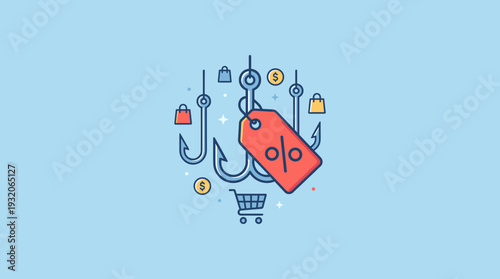 Vector illustration of fishing hooks with a red sale price tag bait, symbolizing marketing strategies to hook customers with discounts, shopping bags, coins, and a cart on a blue background.