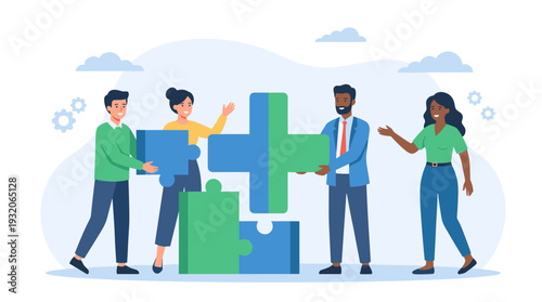 Diverse business team collaborating to assemble a large plus sign from jigsaw puzzle pieces. Concept of teamwork, positive thinking, synergy, growth, and medical health. Flat vector art.