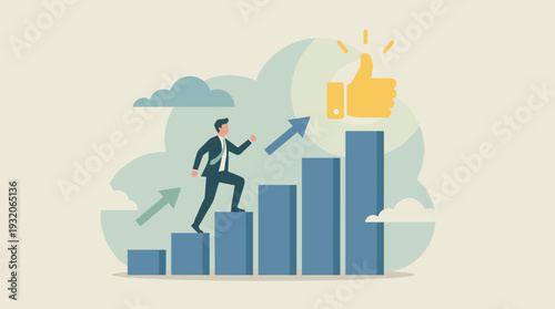 Professional Businessman Climbing Bar Chart Steps Towards a Glowing Thumbs Up Symbol, Illustrating Career Advancement, Success, Business Growth, Achievement, and Reaching Professional Goals.