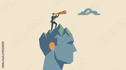 Business vision and leadership concept with a businessman standing on a mountain peak shaped like a human head looking through a telescope for growth opportunities and future success.