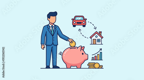 Businessman putting a coin into a piggy bank for financial planning, saving for a car and home, wealth management, investment growth, personal finance goals, and money management illustration.