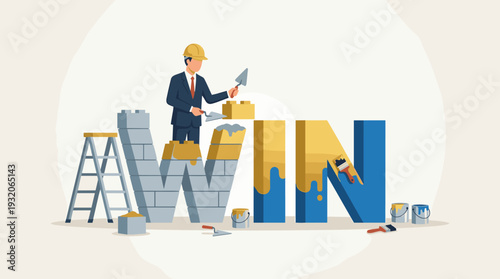 Businessman in Suit and Hard Hat Building and Painting the Word WIN with Bricks and Mortar, Concept of Business Success, Achievement, Hard Work, Growth, and Strategy, Flat Vector Illustration.