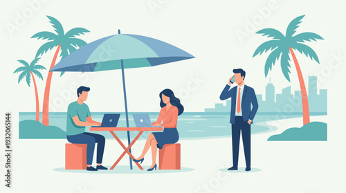 Flat vector illustration of business people working remotely on a tropical beach with laptops and mobile phone under an umbrella, featuring palm trees, ocean, and city skyline background.